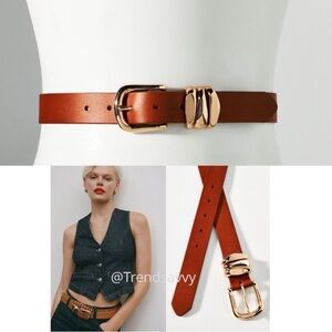 ANTHROPOLOGIE Structured Keeper Belt Brown Leather Gold Buckle Size Medium NWT